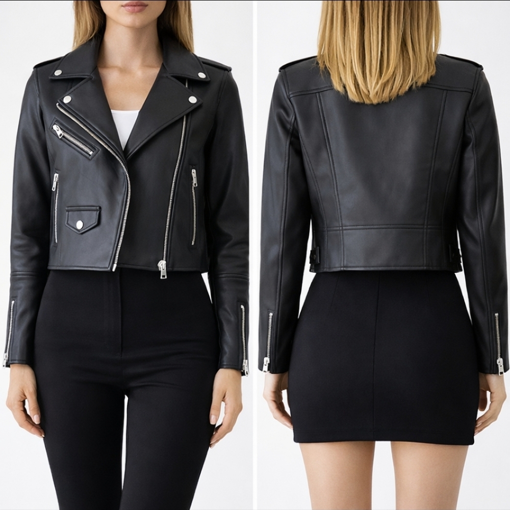 ZARA Black Faux Leather Moto Jacket Silver Hardware Cropped Chic Size M